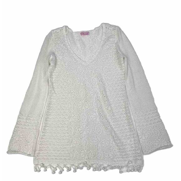 Lilly Pulitzer Women's size S Athena White Crochet Tunic Pom Pom Hem Cotton - Picture 3 of 9